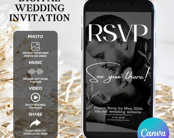 Wedding Video Invitation With Music, Animated Wedding Invite RSVP, Editable Electronic Wedding Invite, Canva Template, Instant Download