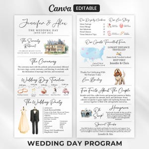 May include: A wedding day program designed with Canva, featuring the names Jennifer & Alex, date, venue details, timeline, wedding party, and fun facts about the couple. Includes a map and a photo of a dog.