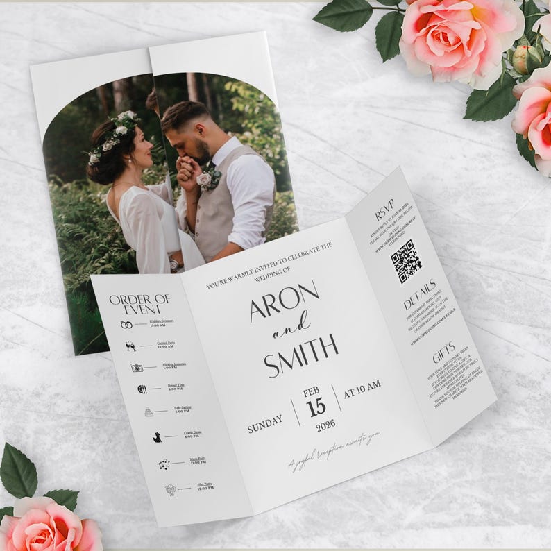 Trifold Hochzeitseinladung Vorlage, Gatefold Hochzeitseinladungen, Gefaltete Hochzeitseinladung, Foto Hochzeitseinladung, Gatefold Hochzeit einladen Bild 3