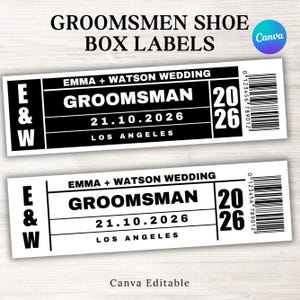 May include: Two black and white shoe box labels with the text "GROOMSMAN" and "2026". The labels also include the wedding details "EMMA + WATSON WEDDING" and the date "21.10.2026". The labels are for a wedding.