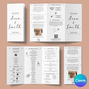 Può includere: Un invito di nozze a tre ante con sfondo beige chiaro. L'invito include i nomi "Aron & Smith" e la data "12.DEC.2024". Il design incorpora icone e sezioni di testo per i dettagli della cerimonia, gli invitati e i ringraziamenti speciali.