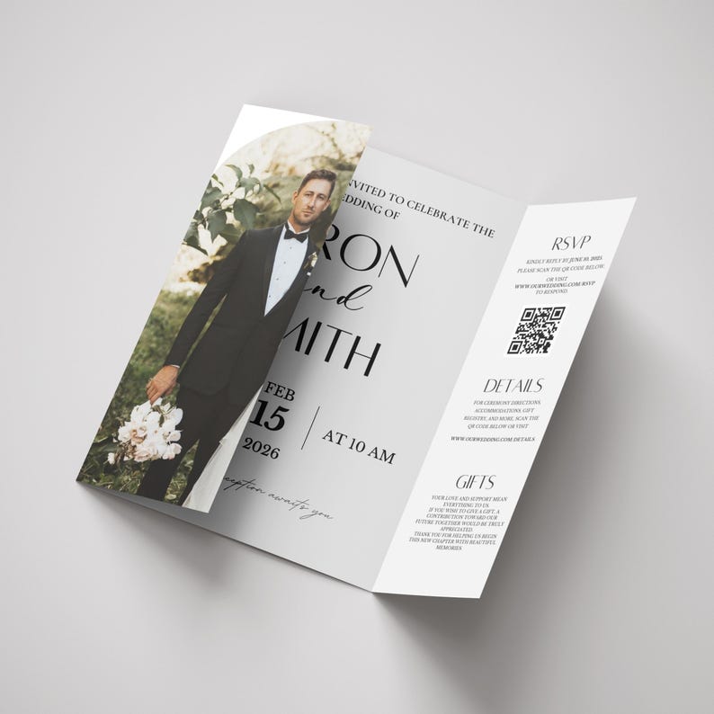 Trifold Hochzeitseinladung Vorlage, Gatefold Hochzeitseinladungen, Gefaltete Hochzeitseinladung, Foto Hochzeitseinladung, Gatefold Hochzeit einladen Bild 7