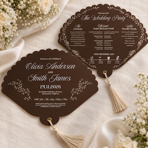Espresso Brown Wedding Program Fan, Wedding Ceremony Program Editable Canva Template, Instant Download