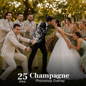 May include: A digital collection of 25 champagne spray Photoshop overlays featuring dynamic liquid splashes and droplets. These transparent PNG files are designed to add celebratory effects to wedding and event photography compositions.