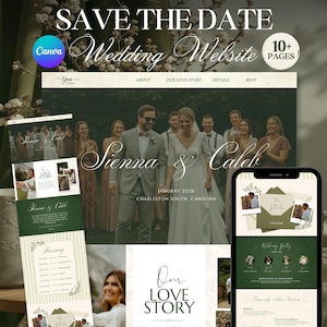 May include: A digital wedding website template featuring a hero section with a couple, Sienna and Caleb, and text reading SAVE THE DATE Wedding Website 10+ PAGES. The layout includes sections for About, Our Love Story, Details, RSVP, and an itinerary.