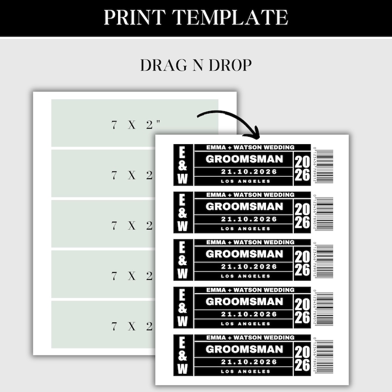 Pu&ograve; includere: Un modello di stampa con il testo "PRINT TEMPLATE" e "DRAG N DROP". Il modello include una serie di segnaposto rettangolari, ciascuno di 7 x 2 pollici (17,78 x 5,08 cm). &Egrave; presente anche una pila di biglietti di nozze in bianco e nero in stile biglietto.