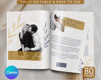 Wedding Day Magazine, Printable 80 Pages Wedding Magazine, Infographic Magazine Design, Fun Facts, Seating Chart, Editable Canva Template