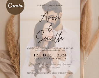 Convite de casamento com fotos em Canva, modelo simples, convite de casamento com fotos, convite de casamento digital para download.