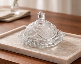 Mantequera de cristal vintage con tapa / Quesera de cristal tallado / Vajilla elegante de estilo rústico