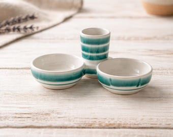 Vintage Gmundner Keramik Salz & Pfeffer Set mit Zahnstocher Halter - Handbemalter Grüner Streifen Keramik Servierer