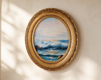 Vintage ovale Landschaftsmalerei | Verzierter Goldrahmen, signierte Wandkunst