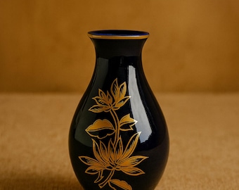 Vintage Cobalt Blue Porcelain Vase with Gold Flowers Marked 1831