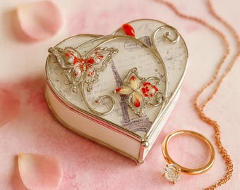 Romantic Vintage Heart Trinket Box with Eiffel Tower & Butterflies - Jewelry Storage