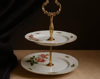 Vassoio da portata in porcellana Vintage Rose - Alzata per il tè a due livelli