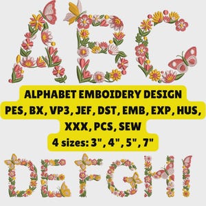 A-Z Flower Alphabet Embroidery Designs, Machine Embroidery Designs, 4 Sizes (3,4,5,7in)