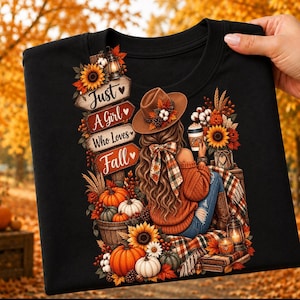 Maglietta con stampa "Fall Girl", comoda maglietta autunnale per gli amanti del caffè e della zucca.