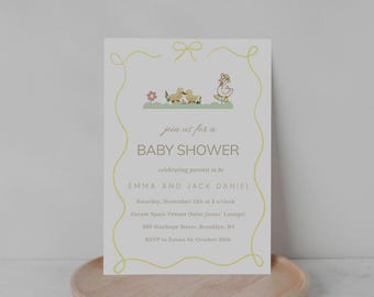 Yellow Bow Baby Shower Invitation with Ducks (Editable Design, Digital Download)