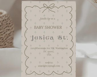 Minimalistische babyshoweruitnodiging met bloemenstrik: afdrukbare canvassjabloon