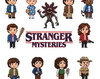 80s Retro Pixel Art Stranger Characters • 11 PNG Game-Style Icons • 8-Bit Anime Character Set • Pixel Sticker Pack • Digital Download