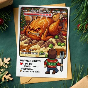 Funny Gamer Christmas Card - Pixel Art RPG Boss Battle - The Roast Turkey Overlord - Retro 8-Bit Holiday Card - Food Coma Humor