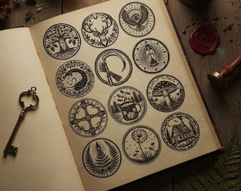 Bohemian Folklore & Forest Magic Icon Set – 12 Engraved Woodland Sigils, Slavic Folk Symbols, Mystic Nature SVG PNG Clipart