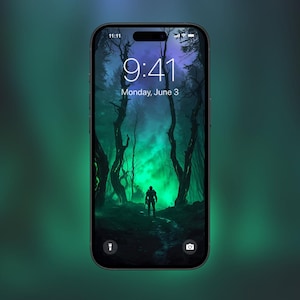 以下が含まれることがあります： スマートフォンは、明るい緑色の光に向かって歩いている人物のデジタル森林シーンを表示します。時間は午前9時41分、6月3日月曜日です。電話には黒いフレームと、上部にノッチのある暗い画面があります。