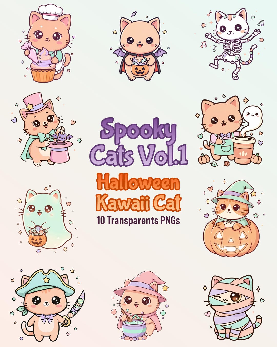 Kawaii Halloween Cat Clipart Set • Spooky Cute Witch Cats PNG • Pastel ...