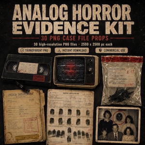 May include: An analog horror evidence kit featuring 30 PNG case file props. Includes a VHS tape, a vintage television with a red screen, a plastic evidence bag, a police department file, a fingerprint identification card, and a group photograph.