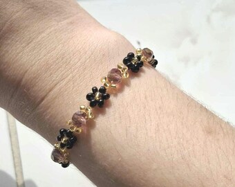 Flower Crystal Beaded Bracelet - Black, Brown & Gold, Handmade Jewelry