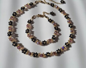 Parure de bijoux fleurs perlées - Collier en cristal noir, marron et violet, fait main
