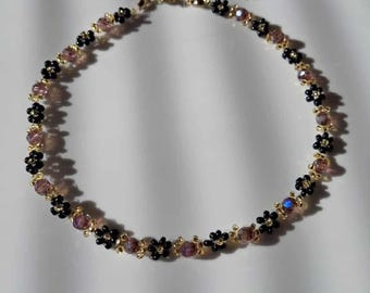 Flower Crystal Choker - Black & Purple Beaded Necklace with Gold