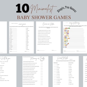 Pacchetto di giochi per baby shower, attività minimaliste e neutre per baby shower, giochi divertenti e semplici da stampare per baby shower, attività divertenti, Canva
