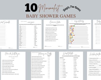 Pacote de jogos para chá de bebê, atividades minimalistas de gênero neutro para bebês, jogos simples e engraçados para chá de bebê, atividade divertida, Canva