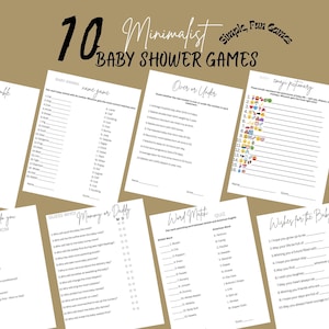 May include: A collection of ten minimalist baby shower games printed on white paper. The games include word scramble, name game, emoji pictionary, and more. The text "10 Minimalist Baby Shower Games" is at the top.