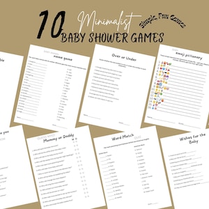 Ensemble de jeux pour baby shower, activités minimalistes et mixtes, jeux simples et amusants à imprimer, activités ludiques, Canva