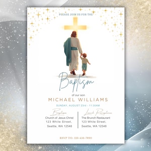 May include: Baptism invitation featuring an illustration of Jesus and a child walking together, with a cross above. The invitation includes the text "Baptism of our son Michael Williams" and event details. The background has a soft, ethereal design.