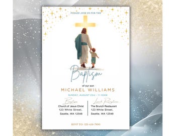 Modern Baptism Invitation Template, Elegant Boy Baptism Invite, Blue Christening Invite Template, Minimal Baptism Card, Canva Template