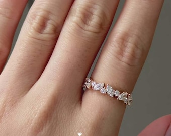Anillo de eternidad con diamante redondo marquesa cultivado en laboratorio – Anillo de boda de oro de 14 quilates (certificado por IGI)