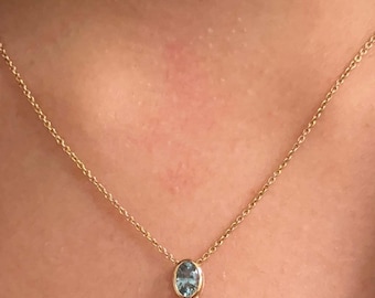 Aquamarin 14K 10K Solid Gold Schmuck, März Birthstone Halskette, Oval Lünette Anhänger