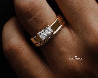 Lab Grown Diamond Radiant-Cut Round Engagement Ring  For Men 14K/18K Gold