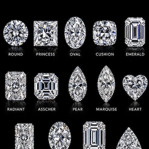 May include: A chart titled DIAMOND SHAPES displaying thirteen white, faceted diamond cuts on a black background. The shapes include round, princess, oval, cushion, emerald, radiant, asscher, pear, marquise, heart, elongated radiant, oval brilliant, and trillion.