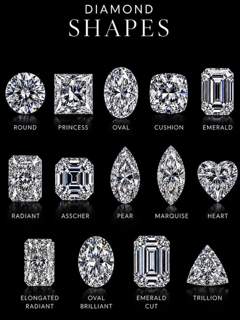 May include: A chart titled DIAMOND SHAPES displaying thirteen white, faceted diamond cuts on a black background. The shapes include round, princess, oval, cushion, emerald, radiant, asscher, pear, marquise, heart, elongated radiant, oval brilliant, and trillion.