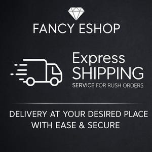 May include: Black background with white text and graphics. The text reads "FANCY ESHOP" above "Express SHIPPING" and "SERVICE FOR RUSH ORDERS". Below is "DELIVERY AT YOUR DESIRED PLACE WITH EASE & SECURE".