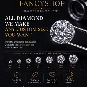 May include: A black informational graphic for FANCYSHOP featuring a large round brilliant-cut diamond held by tweezers. It displays a size comparison chart from 0.30 CT to 5.00 CT, along with text detailing custom diamond services and IGI certification.