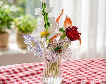 Ramo de flores de cristal personalizado, mini flor de cristal del mes de nacimiento y jarrón, regalo de flores de nacimiento, recuerdo floral soplado a mano, regalo de cumpleaños para ella.