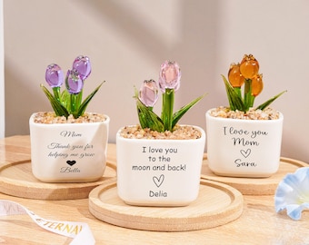 Glass Everlasting Tulips,Stained Glass Sunflower Custom Potted Plant,Mom Flower Gift,Mothers Day Gifts,Hand Blown Glass Potted,Birthday Gift