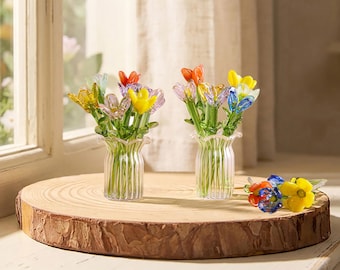 Mini figurine de fleurs, ensemble de bouquet de fleurs en verre, figurine fabriquée à la main en borosilicate, marguerite en verre, cadeau d'anniversaire, cadeau de décoration d'intérieur pour elle