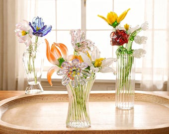 Ramo de flores de cristal para el mes de nacimiento: arte floral soplado a mano, mini ramo de cristal, regalo para mamá o para ella, ramo de flores de nacimiento, regalo de cumpleaños para una amiga.