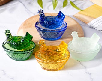 Glass Mini Hen Salt Cellar,Glass Hen on Nest Chicken Salt Cellar Dish,Home Decor Ornament,Small Hen Salt Box,Vintage Style Glassware Decor