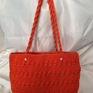 Handmade Crochet Tote Bag – Orange Knitted Shoulder Bag – Summer Beach Bag – Eco Friendly Gift for Her
